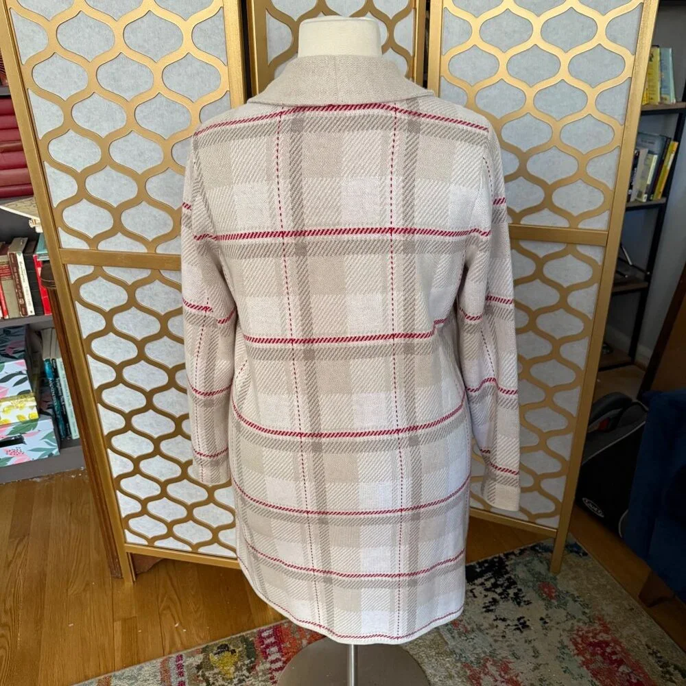 Lands End Size XL Beige & Red Plaid Long Sleeve Shawl Collar Cardigan Sweater - Picture 3 of 16
